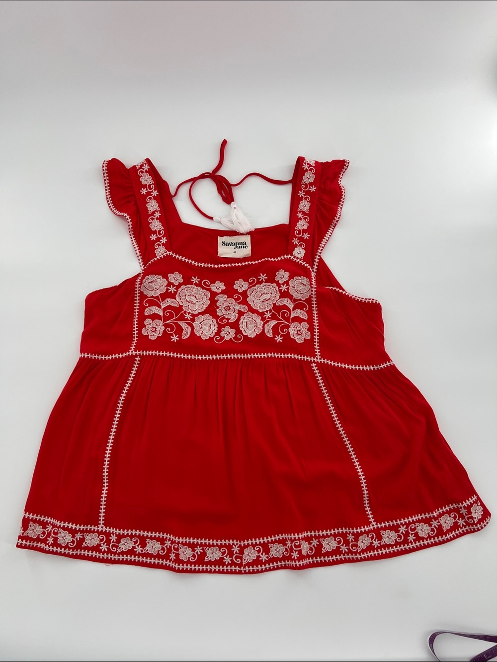 Savanna Jane Red Embroidered Ruffle Tank Top